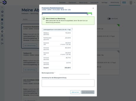Screenshot Abrechnungs-Maske