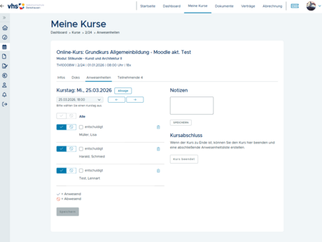 Screenshot Maske der Kurstage
