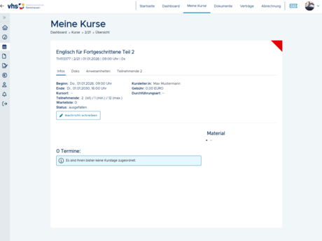 Screenshot Maske ausgefallene Kurse