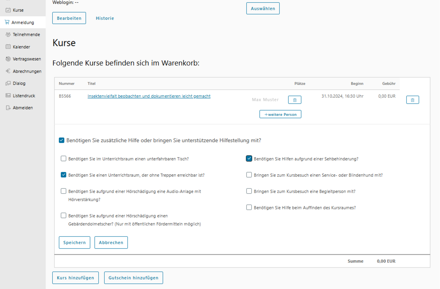 Screenshot des Eingabefeldes für Zusatzinformationen
