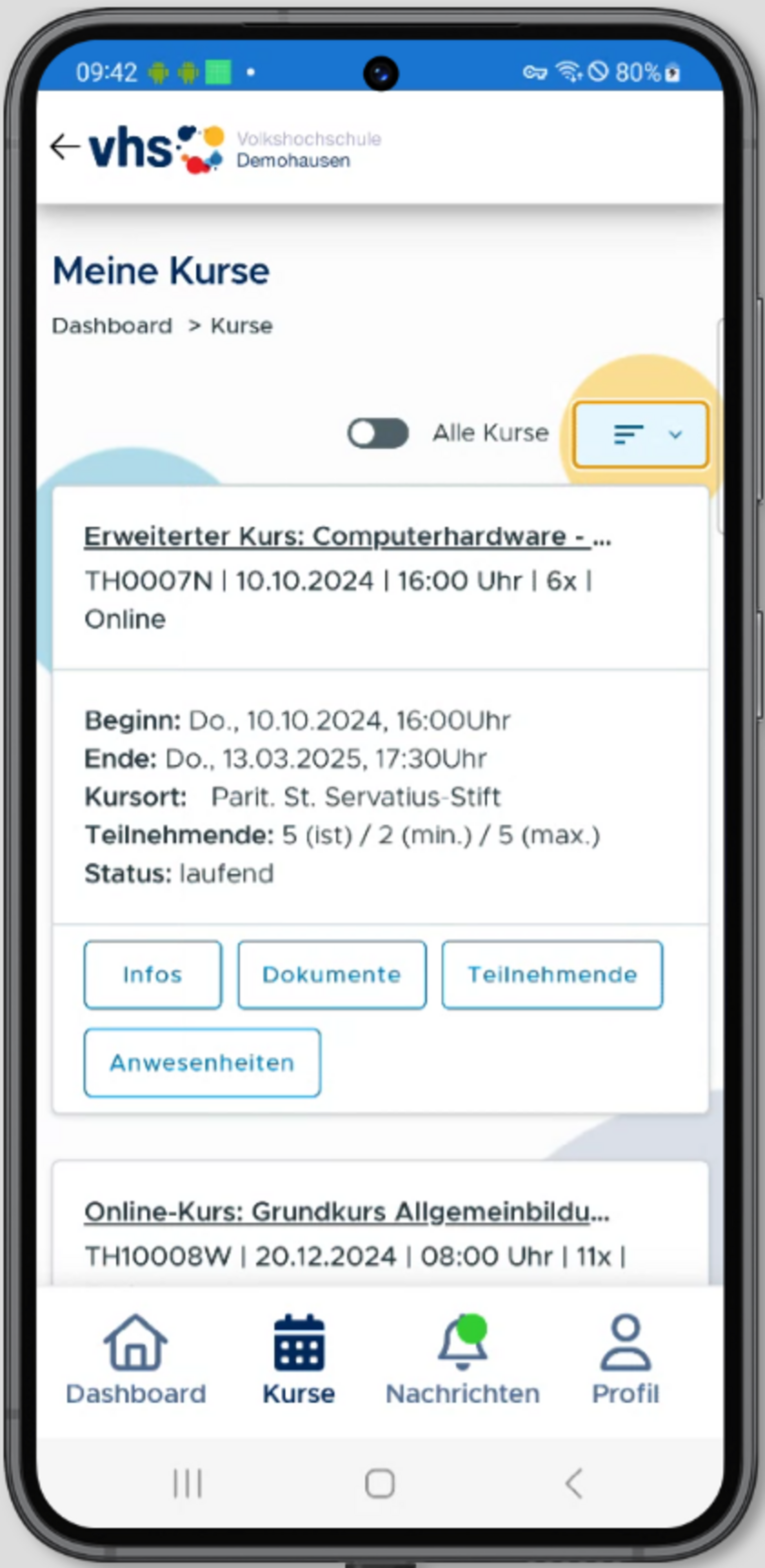 Screenshot der Kursmanagement-App