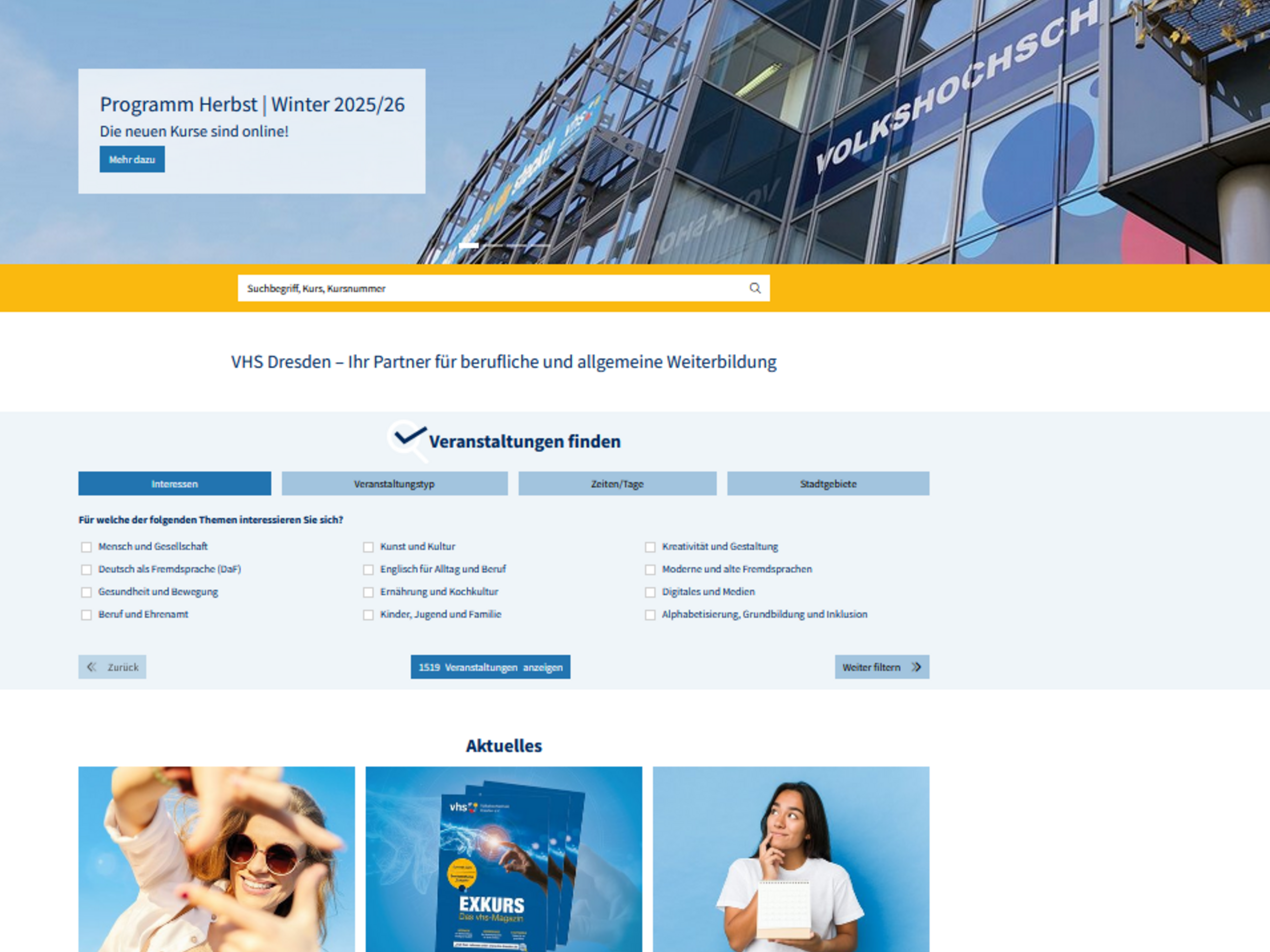 Screenshot der Startseite der vhs Dresden