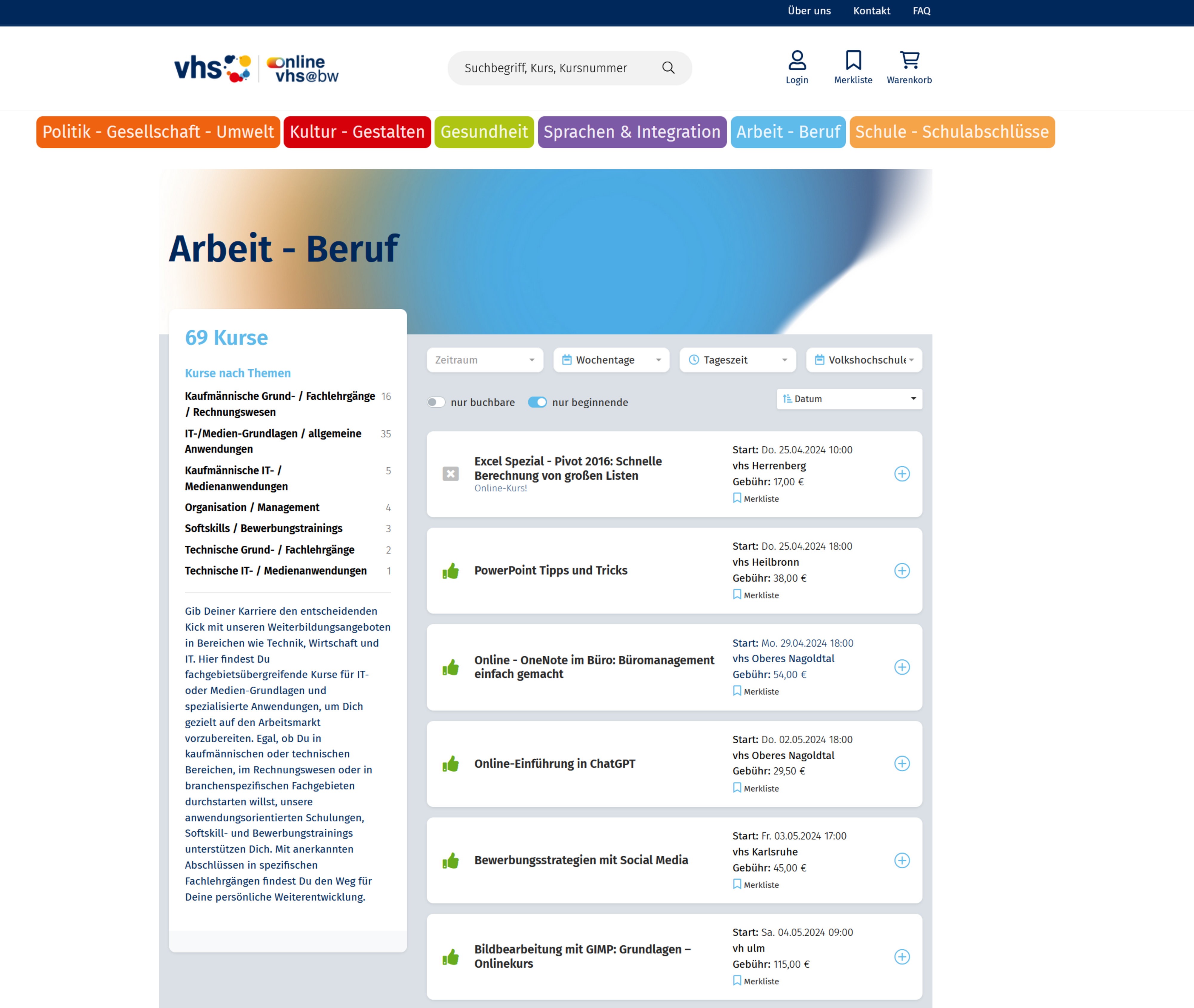 Programmbereiche der onlinevhs-bw Webseite