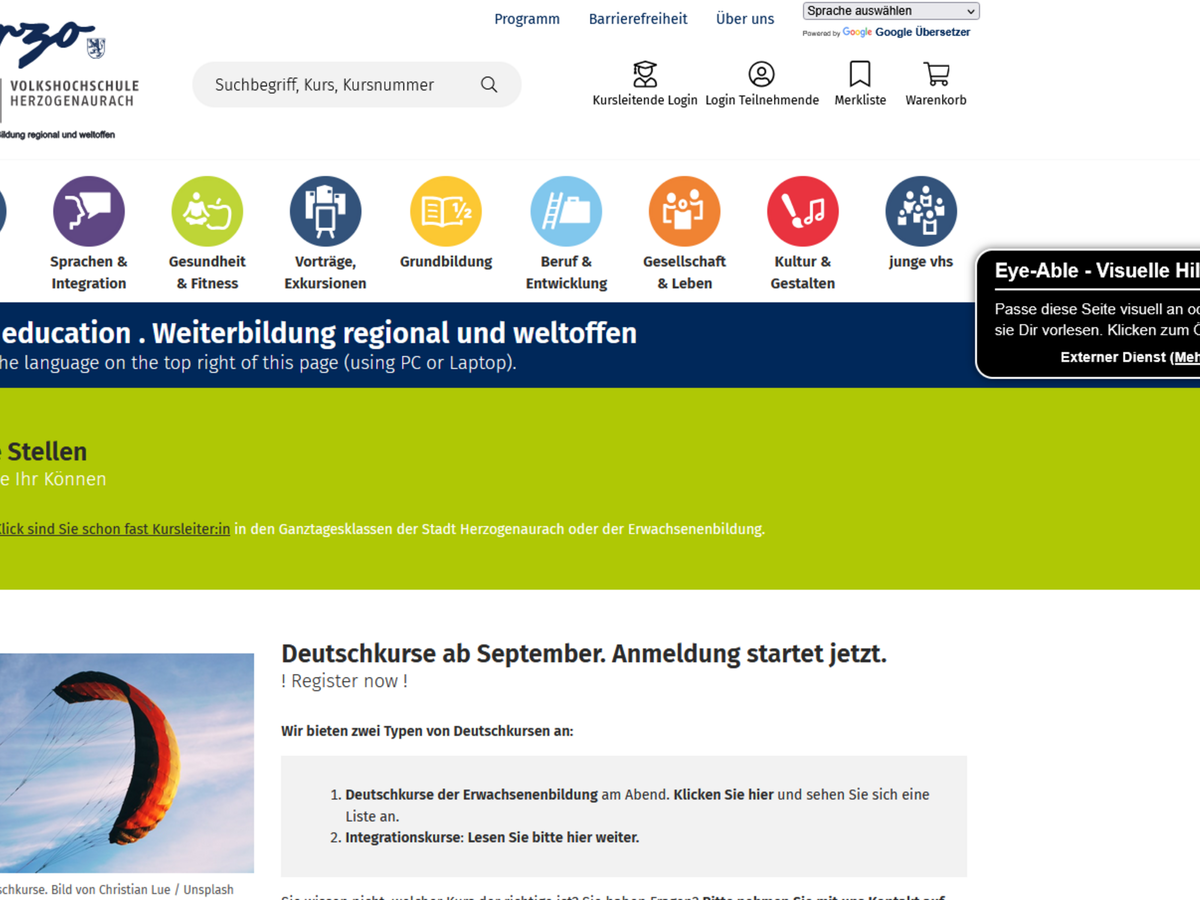 Screenshot der Startseite der vhs Herzogenaurach