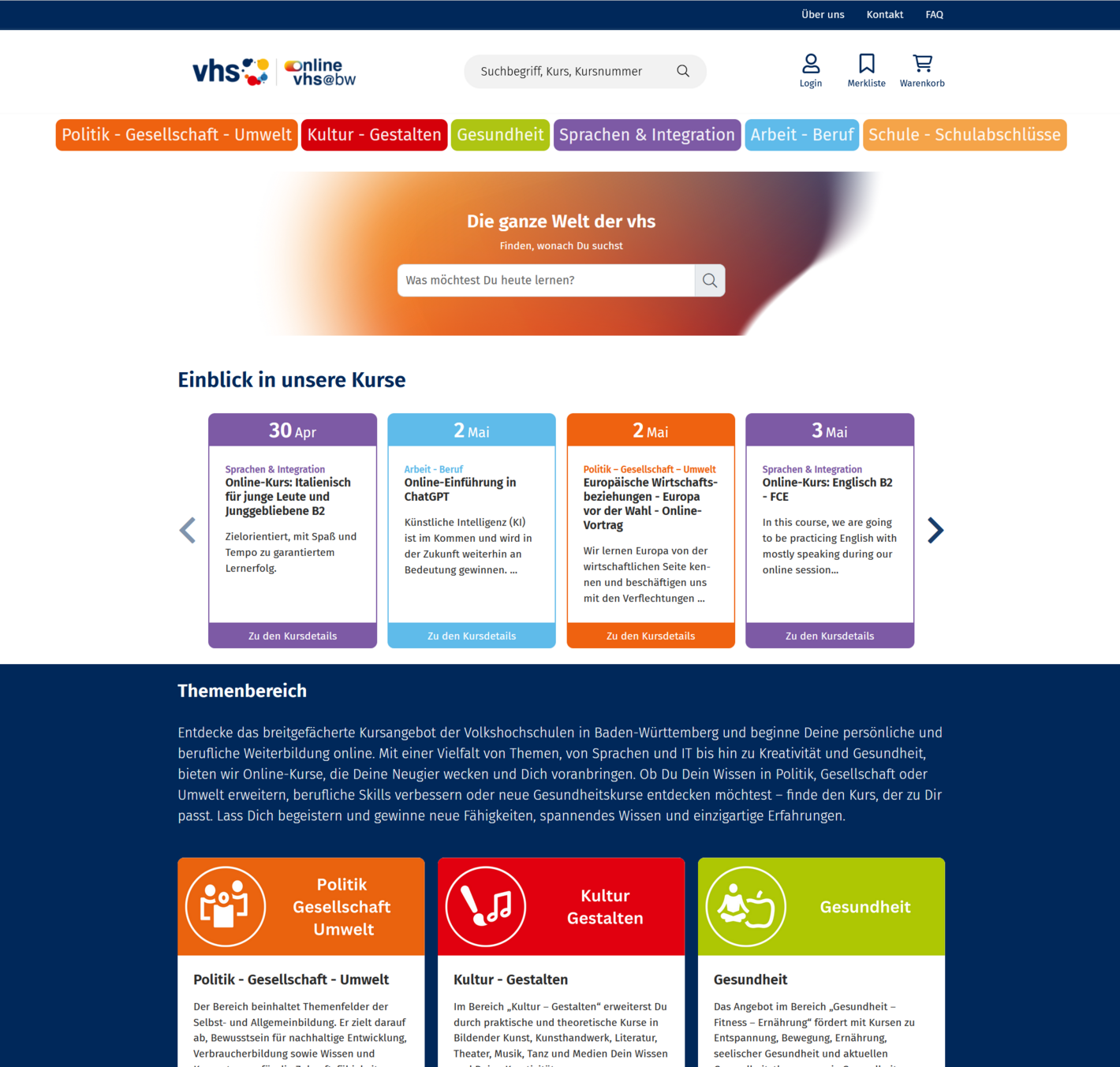 Screenshot der Startseite des Online-Portals