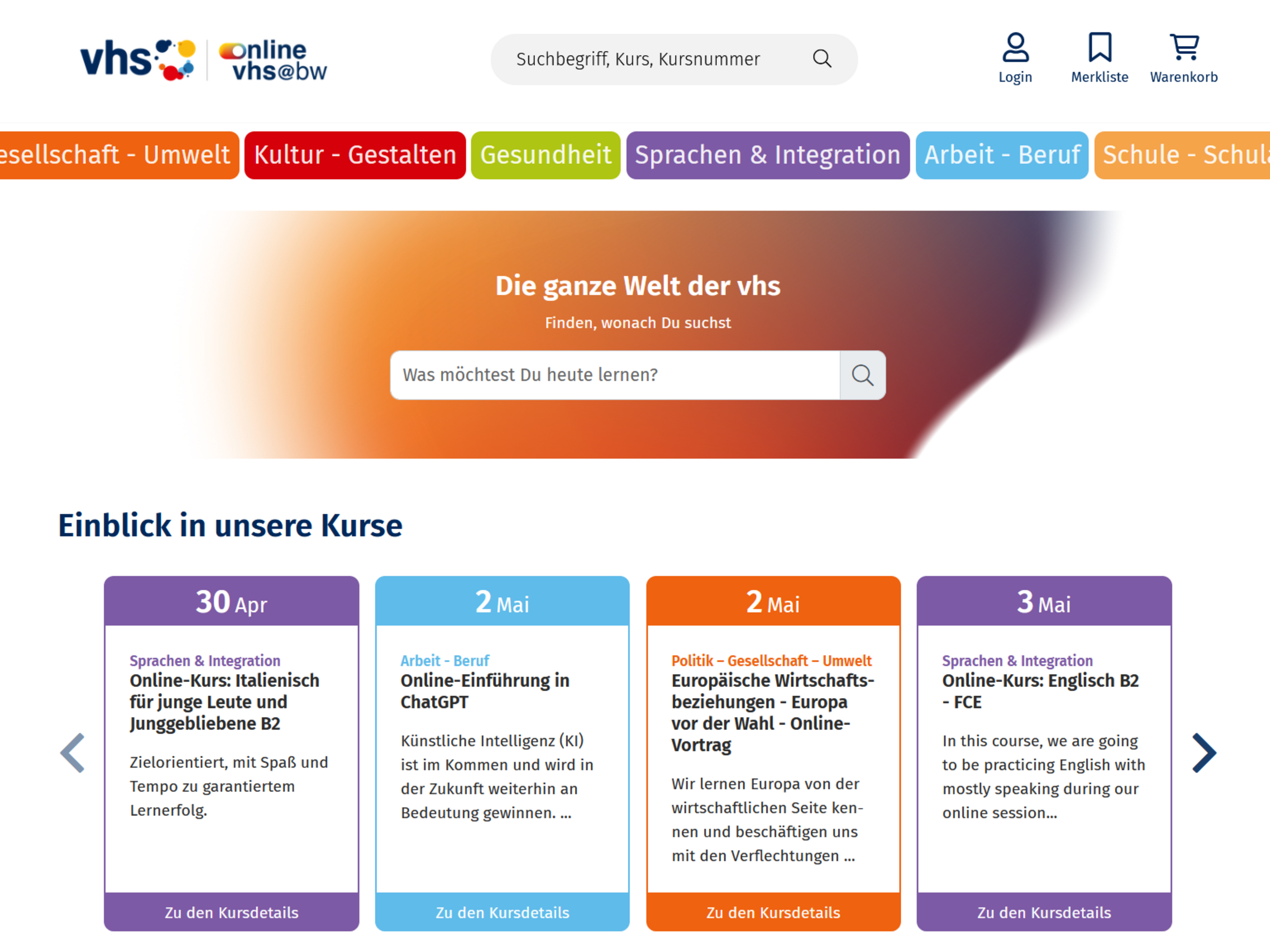 Startseite der onlinevhs-bw.de Webseite
