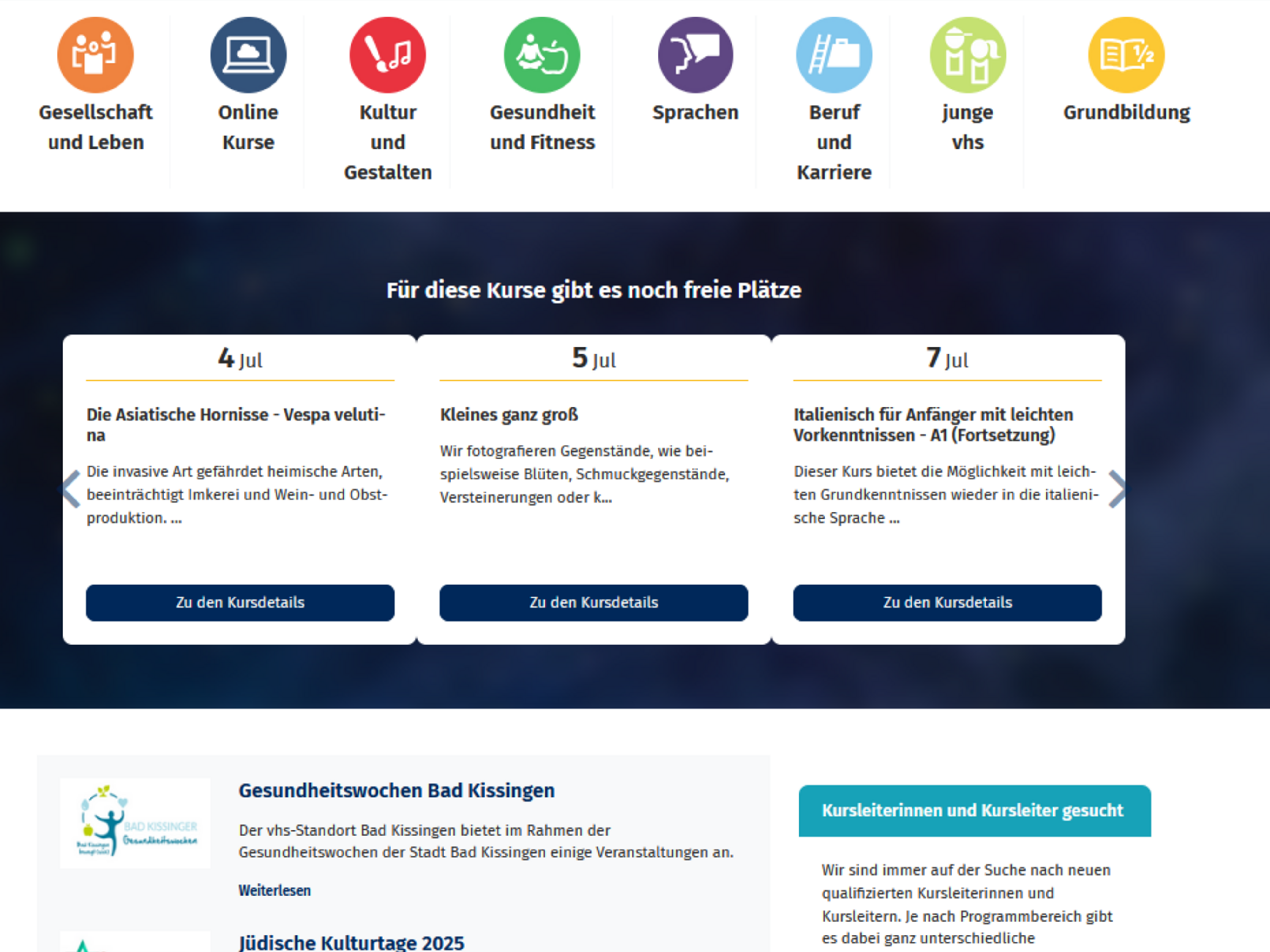 Screenshot der Startseite der vhs Bad Kissingen