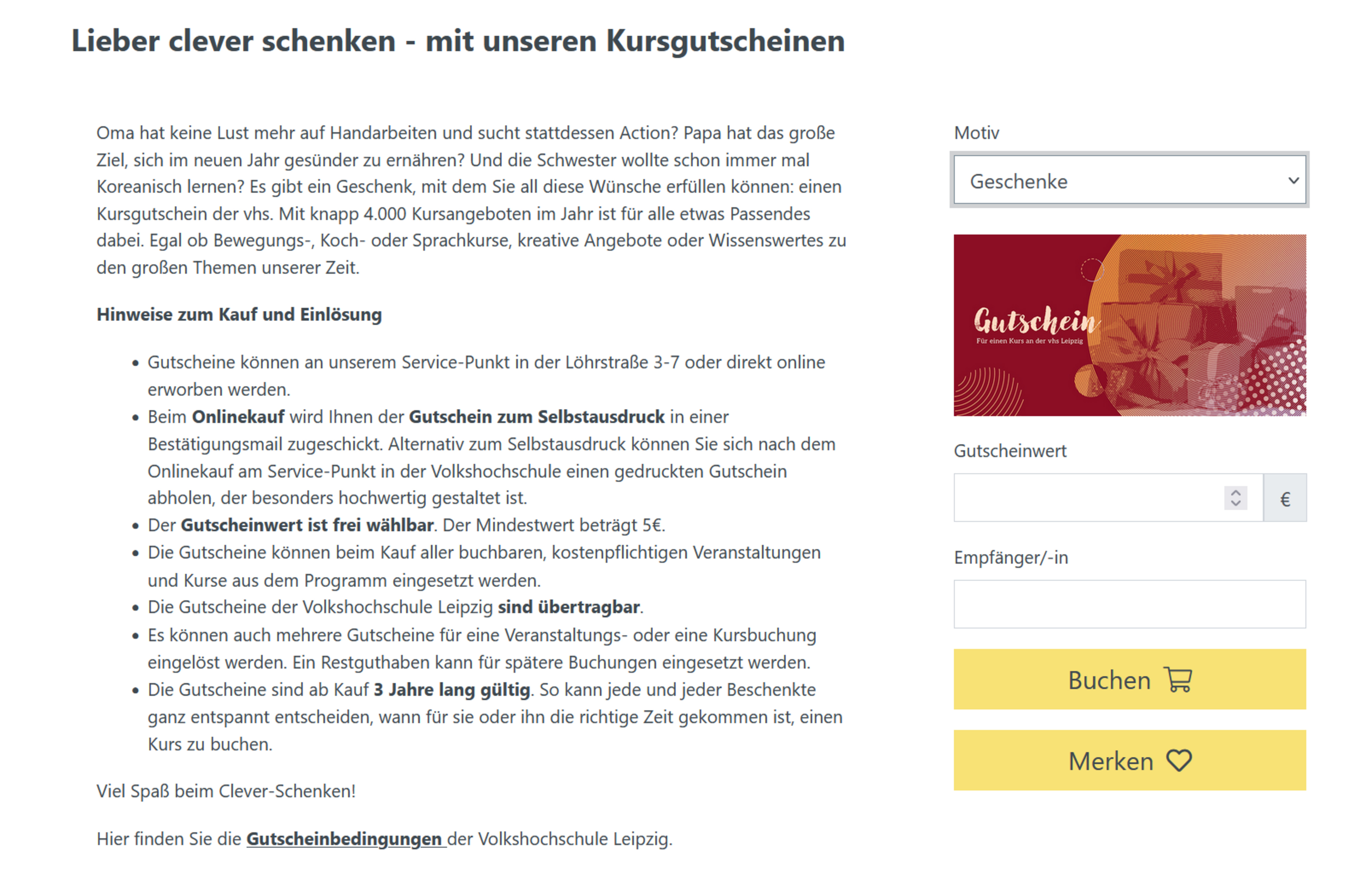 Beispiel Gutscheinerwerb der vhs Leipzig