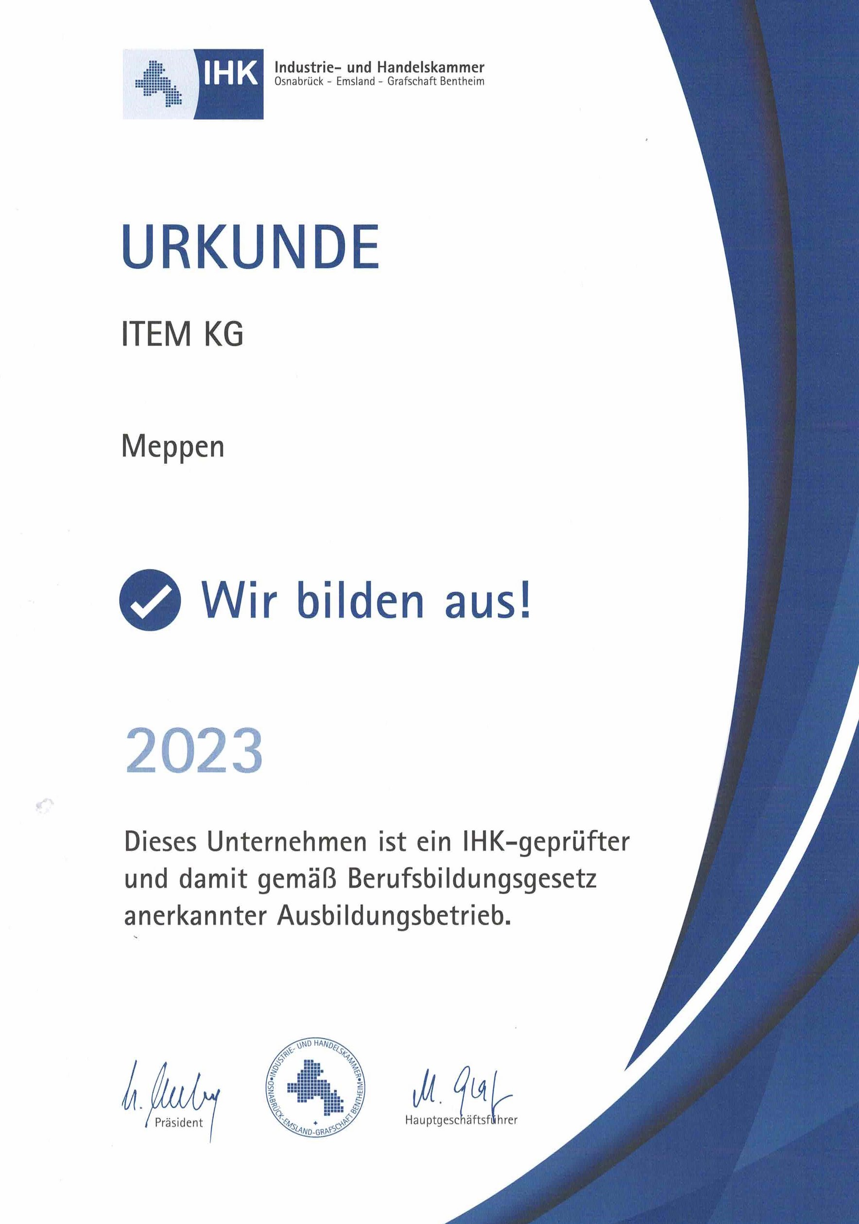 Urkunde als anerkannter Ausbildungsbetrieb